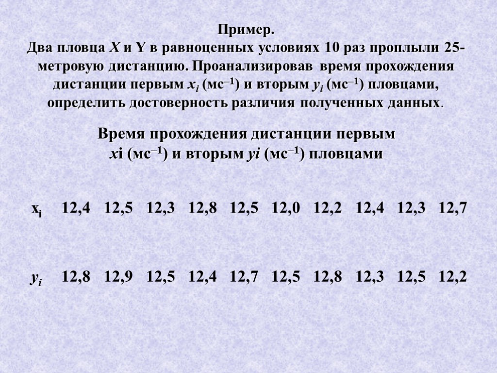 Пример. Два пловца X и Y в равноценных условиях 10 раз проплыли 25-метровую дистанцию.